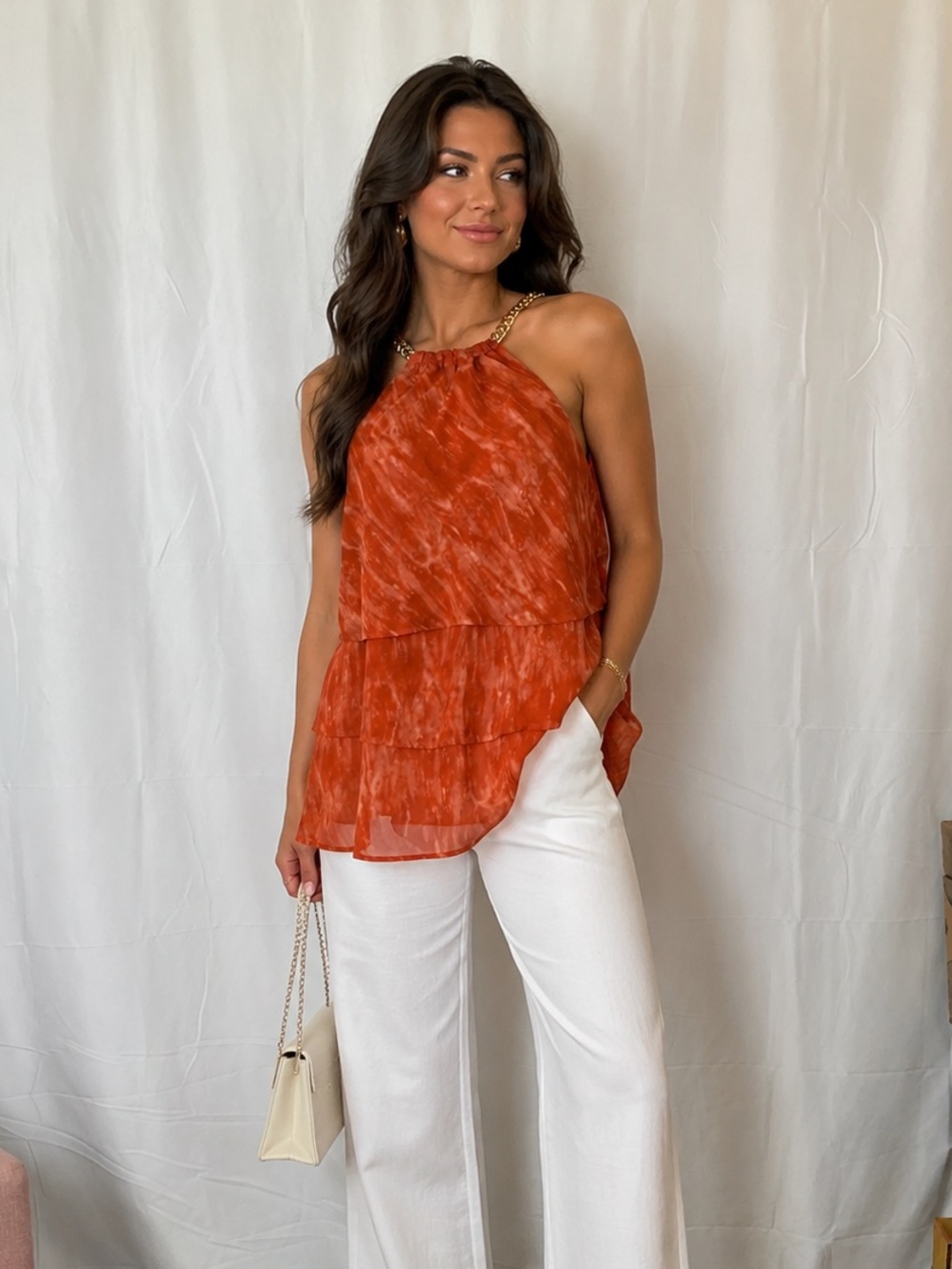Michael Kors Rust-Orange Chain Halter Top